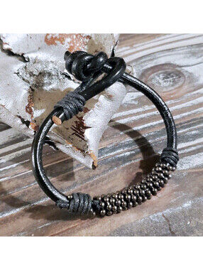 Handcrafted India Thick Black Goat Leather Vintage Gunmetal Beads Bracelet